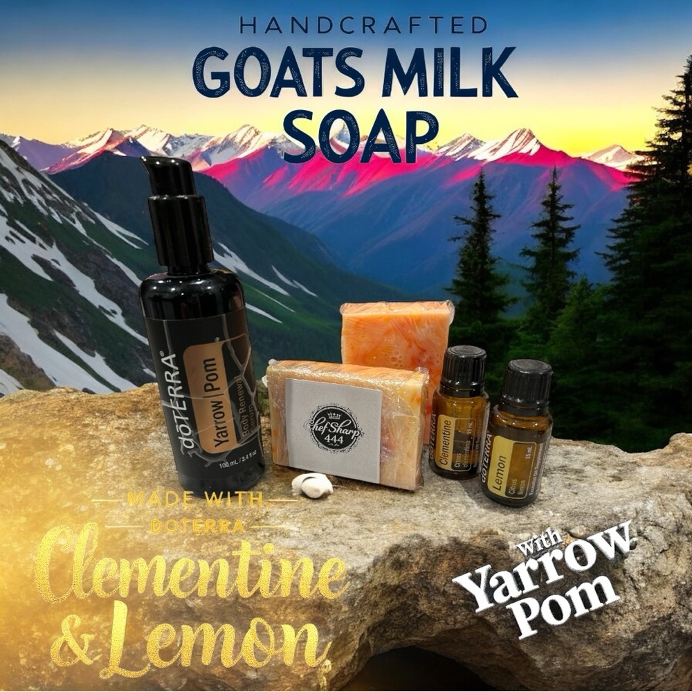 Handcrafted with doTERRA Yarrow Pom Goats Milk Soap Clementine & Lemon 4 oz Bar